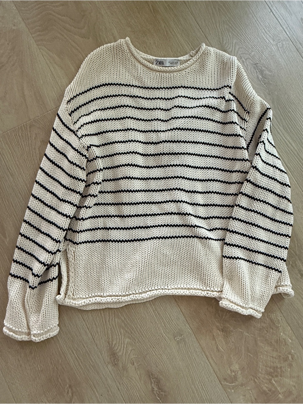Zara Cream & Black Striped Crewneck Sweater